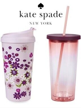 kate spade Pacific Petals Thermal Travel Mug with Pink Tumbler with Straw NIB